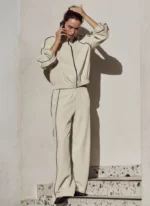 Elegant Two-Piece Relaxed Fit Suit with Contrast Piping