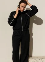 Elegant Two-Piece Relaxed Fit Suit with Contrast Piping - Image 3