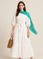 Elegant White Eyelet Maxi Dress with Belt – Summer Chic