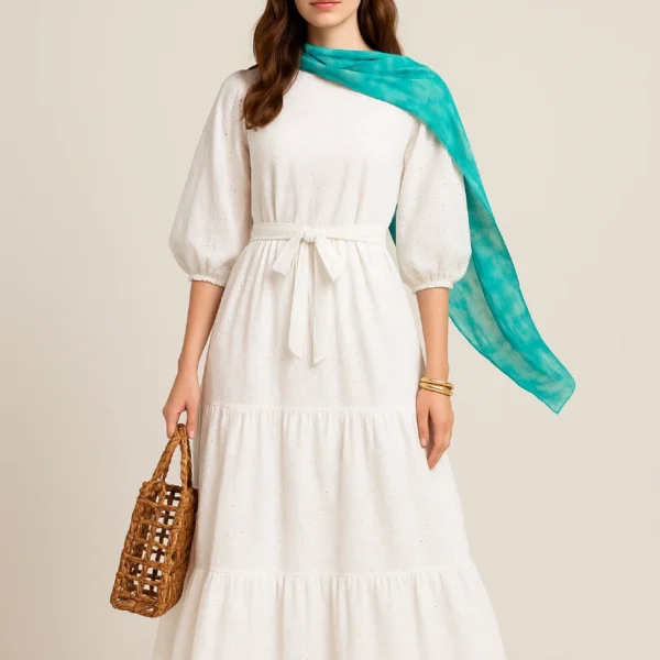 Elegant White Eyelet Maxi Dress with Belt – Summer Chic
