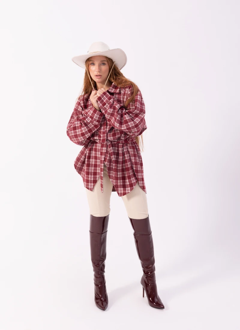 1 (2) Plaid Flannel Shirt – One Size Burgundy - Image 1
